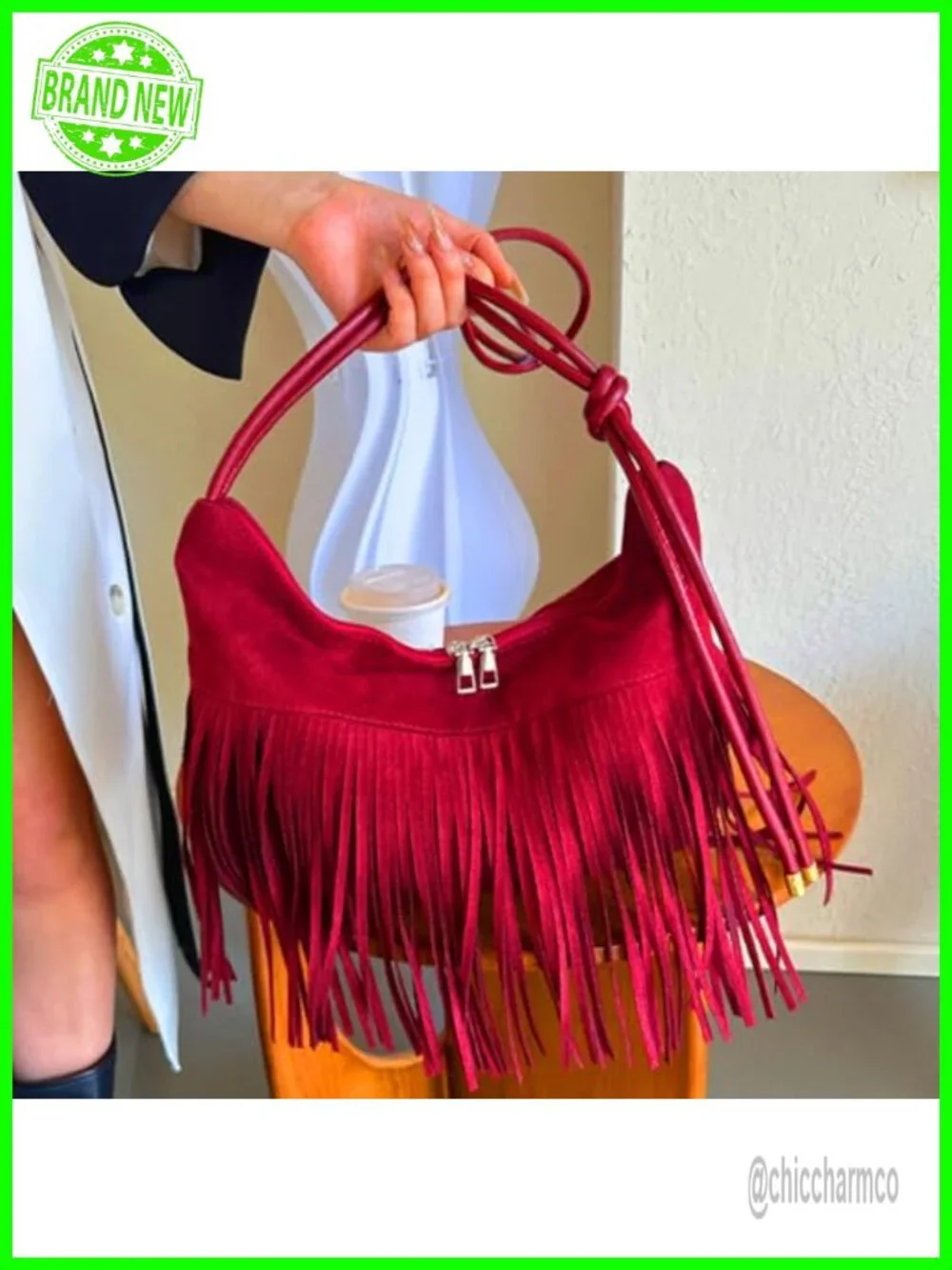 Suede Fringe Hobo Bag with Tassel Crossbody Shoulder Bag Boho Western Purse
